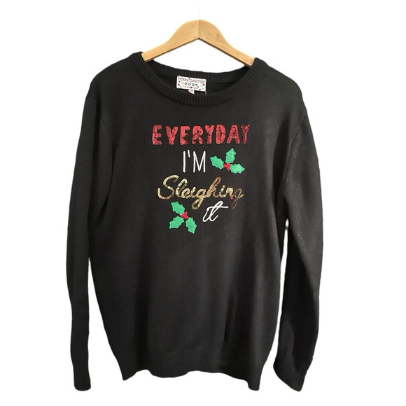 Poof Merry Christmas Sweater Women Size L Black Sequins Everyday Im Sleighing It - Picture 3 of 9